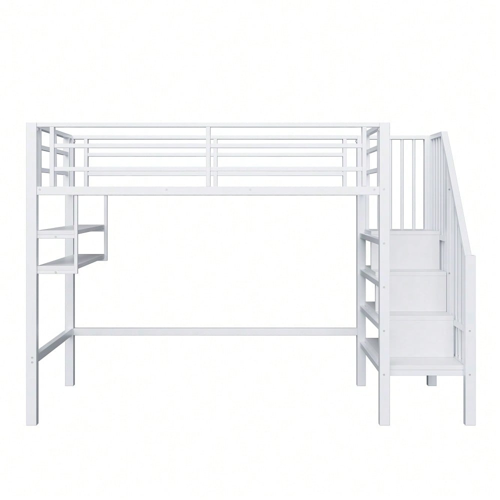 Hochbett, 90*200cm , Einlegeböden, Stauraumleiter, Freiraum unter dem Bett zum Verkleiden, Geländer, ohne Matratze, Weiß