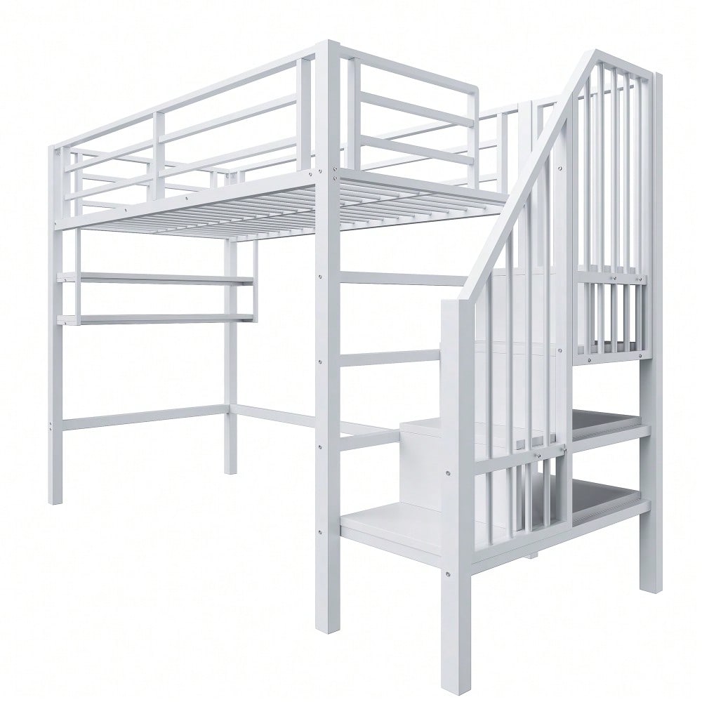Hochbett, 90*200cm , Einlegeböden, Stauraumleiter, Freiraum unter dem Bett zum Verkleiden, Geländer, ohne Matratze, Weiß