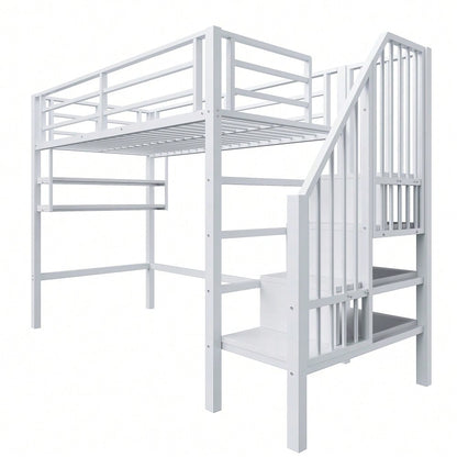 Hochbett, 90*200cm , Einlegeböden, Stauraumleiter, Freiraum unter dem Bett zum Verkleiden, Geländer, ohne Matratze, Weiß