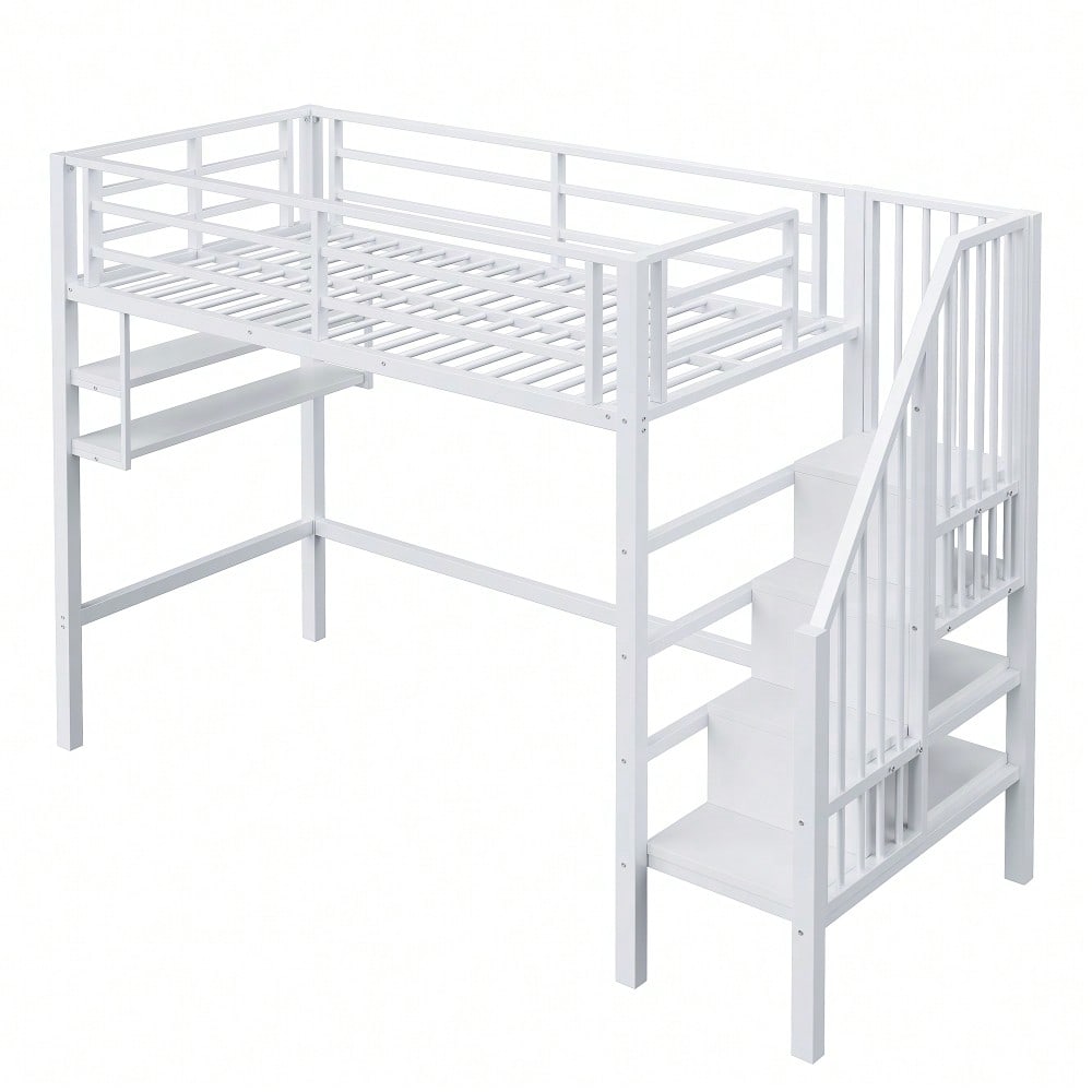 Hochbett, 90*200cm , Einlegeböden, Stauraumleiter, Freiraum unter dem Bett zum Verkleiden, Geländer, ohne Matratze, Weiß