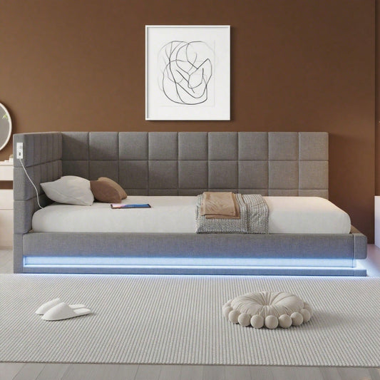 Polster-Schlafsofa 160*200 Multifunktionales Bett mit LED-Lichtleiste, USB-Anschluss und Lattenrost, Leinenstoff, grau