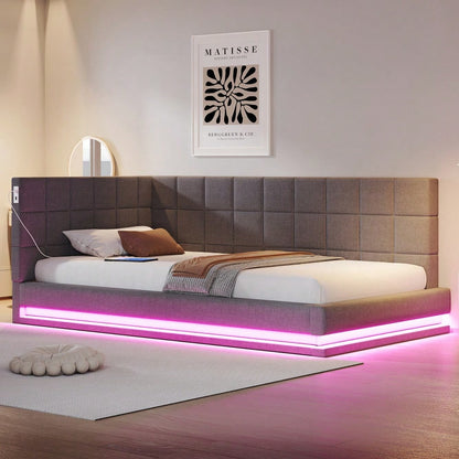 Polster-Schlafsofa 160*200 Multifunktionales Bett mit LED-Lichtleiste, USB-Anschluss und Lattenrost, Leinenstoff, grau