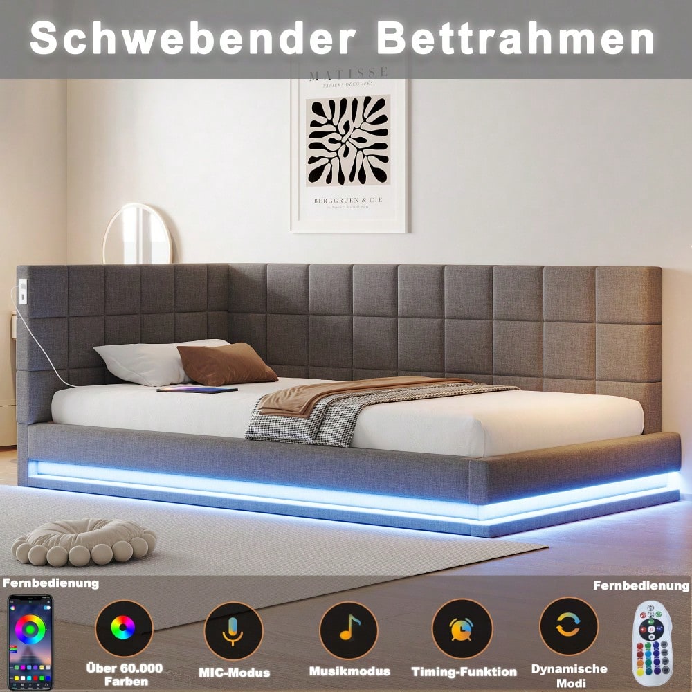 Polster-Schlafsofa 160*200 Multifunktionales Bett mit LED-Lichtleiste, USB-Anschluss und Lattenrost, Leinenstoff, grau