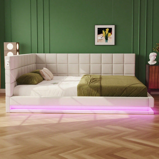 Polster-Schlafsofa 160*200 Multifunktionales Bett mit LED-Lichtleiste, USB-Anschluss und Lattenrost, Leinenstoff, beige
