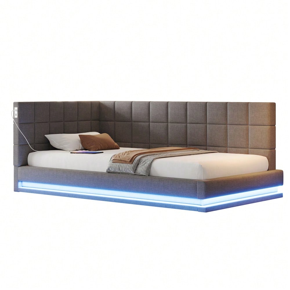 Polster-Schlafsofa 160*200 Multifunktionales Bett mit LED-Lichtleiste, USB-Anschluss und Lattenrost, Leinenstoff, grau