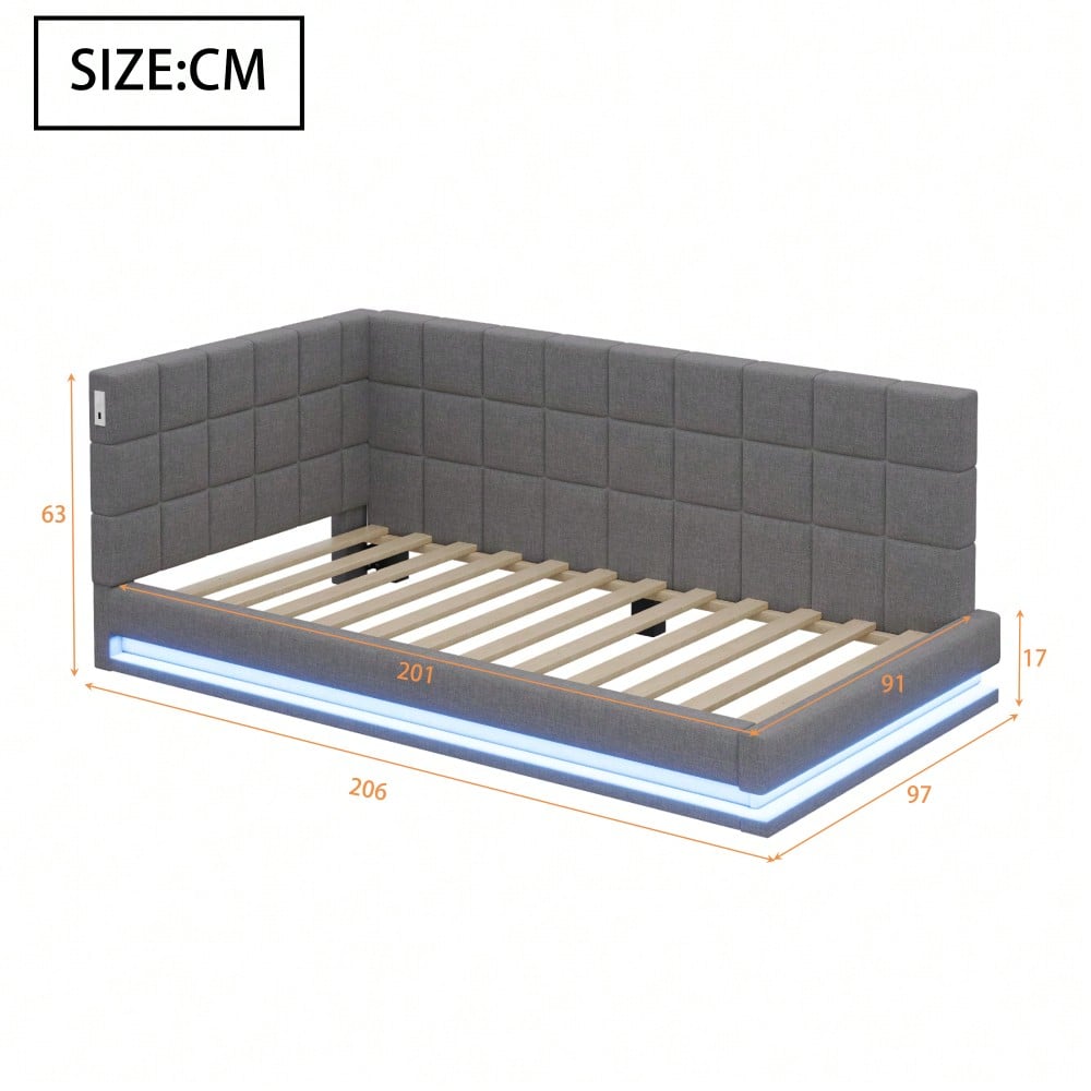 Polster-Schlafsofa 160*200 Multifunktionales Bett mit LED-Lichtleiste, USB-Anschluss und Lattenrost, Leinenstoff, grau