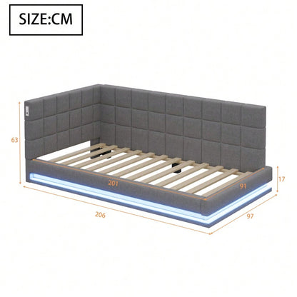 Polster-Schlafsofa 160*200 Multifunktionales Bett mit LED-Lichtleiste, USB-Anschluss und Lattenrost, Leinenstoff, grau