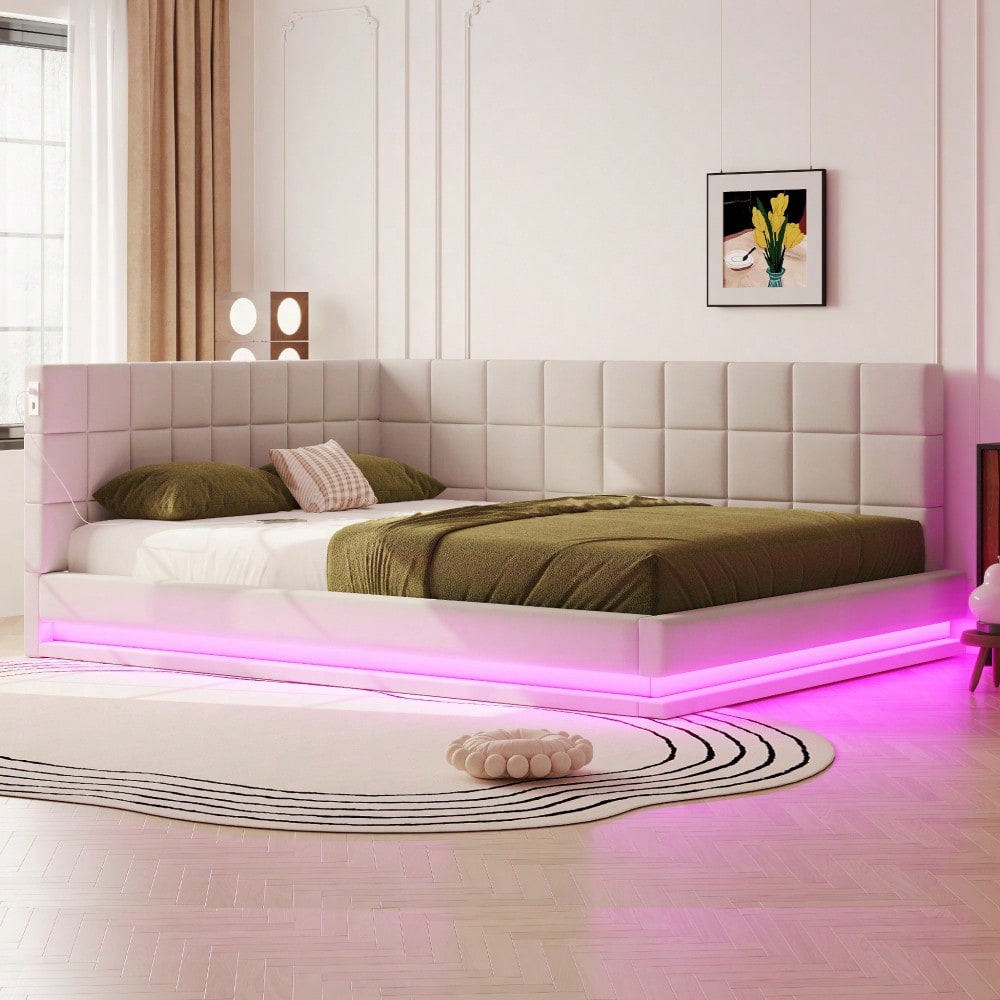 Polster-Schlafsofa 160*200 Multifunktionales Bett mit LED-Lichtleiste, USB-Anschluss und Lattenrost, Leinenstoff, beige