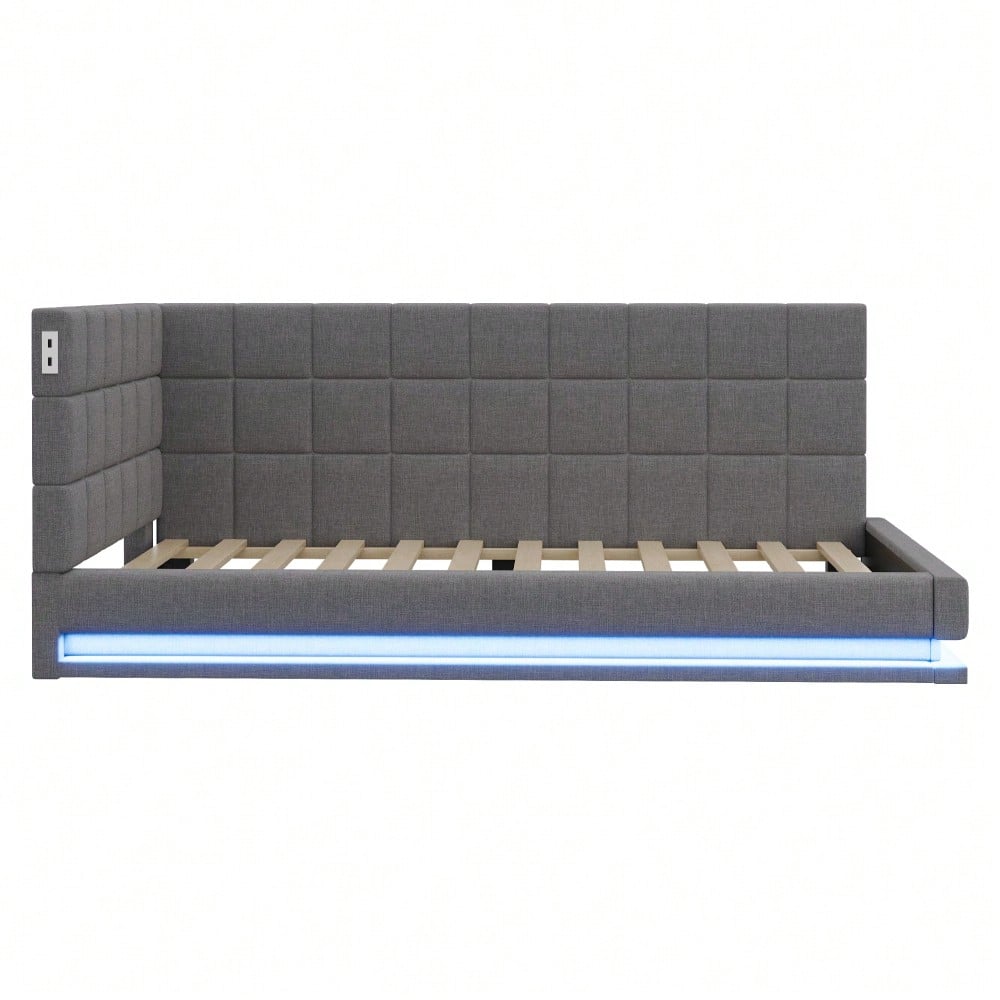 Polster-Schlafsofa 160*200 Multifunktionales Bett mit LED-Lichtleiste, USB-Anschluss und Lattenrost, Leinenstoff, grau