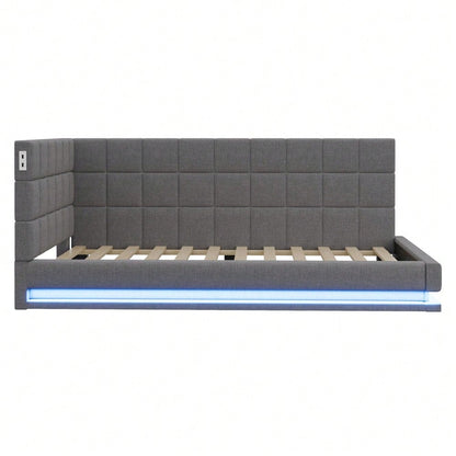 Polster-Schlafsofa 160*200 Multifunktionales Bett mit LED-Lichtleiste, USB-Anschluss und Lattenrost, Leinenstoff, grau