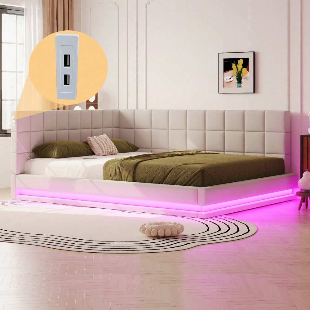 Polster-Schlafsofa 160*200 Multifunktionales Bett mit LED-Lichtleiste, USB-Anschluss und Lattenrost, Leinenstoff, beige