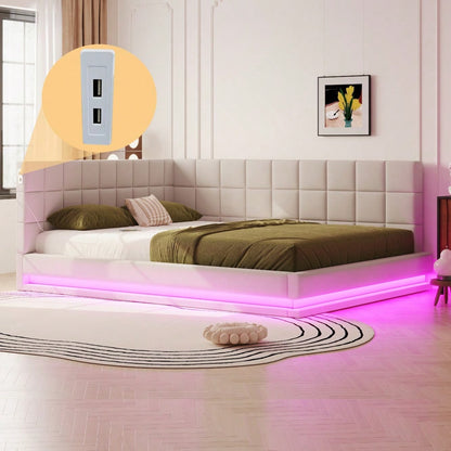 Polster-Schlafsofa 160*200 Multifunktionales Bett mit LED-Lichtleiste, USB-Anschluss und Lattenrost, Leinenstoff, beige