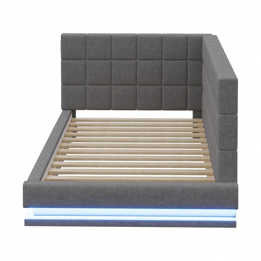 Polster-Schlafsofa 160*200 Multifunktionales Bett mit LED-Lichtleiste, USB-Anschluss und Lattenrost, Leinenstoff, grau