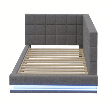 Polster-Schlafsofa 160*200 Multifunktionales Bett mit LED-Lichtleiste, USB-Anschluss und Lattenrost, Leinenstoff, grau