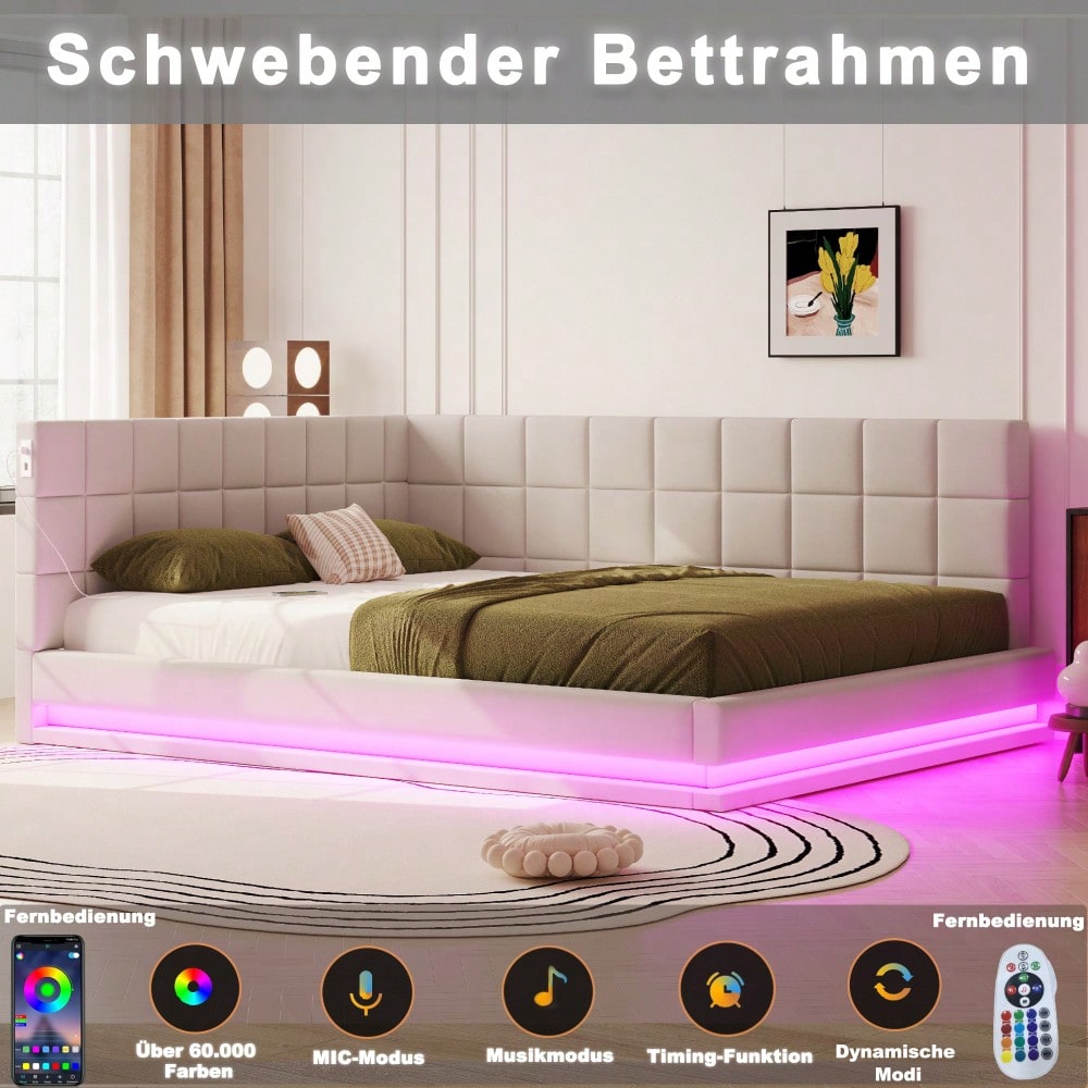 Polster-Schlafsofa 160*200 Multifunktionales Bett mit LED-Lichtleiste, USB-Anschluss und Lattenrost, Leinenstoff, beige