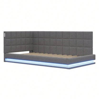 Polster-Schlafsofa 160*200 Multifunktionales Bett mit LED-Lichtleiste, USB-Anschluss und Lattenrost, Leinenstoff, grau