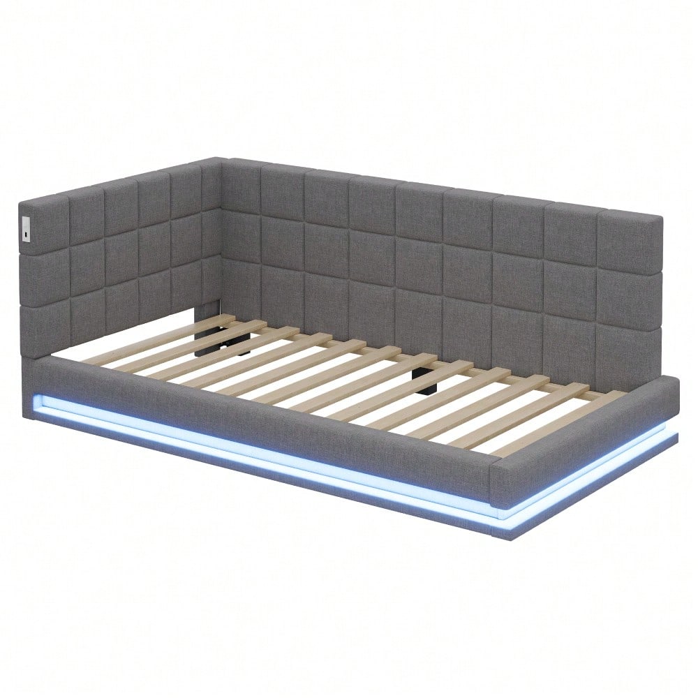 Polster-Schlafsofa 160*200 Multifunktionales Bett mit LED-Lichtleiste, USB-Anschluss und Lattenrost, Leinenstoff, grau