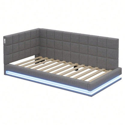 Polster-Schlafsofa 160*200 Multifunktionales Bett mit LED-Lichtleiste, USB-Anschluss und Lattenrost, Leinenstoff, grau