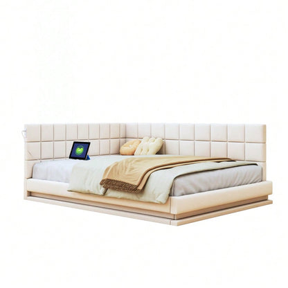 Polster-Schlafsofa 160*200 Multifunktionales Bett mit LED-Lichtleiste, USB-Anschluss und Lattenrost, Leinenstoff, beige