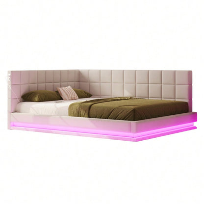 Polster-Schlafsofa 160*200 Multifunktionales Bett mit LED-Lichtleiste, USB-Anschluss und Lattenrost, Leinenstoff, beige