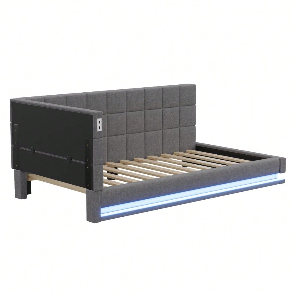 Polster-Schlafsofa 160*200 Multifunktionales Bett mit LED-Lichtleiste, USB-Anschluss und Lattenrost, Leinenstoff, grau