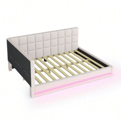 Polster-Schlafsofa 160*200 Multifunktionales Bett mit LED-Lichtleiste, USB-Anschluss und Lattenrost, Leinenstoff, beige