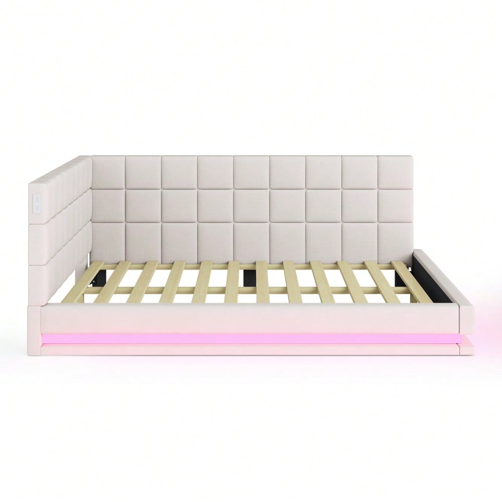 Polster-Schlafsofa 160*200 Multifunktionales Bett mit LED-Lichtleiste, USB-Anschluss und Lattenrost, Leinenstoff, beige