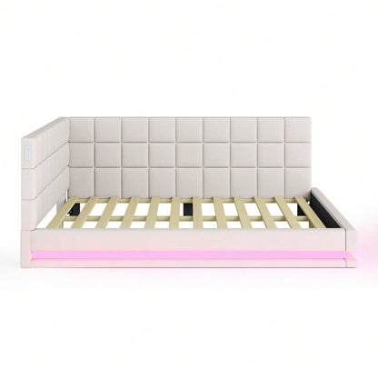 Polster-Schlafsofa 160*200 Multifunktionales Bett mit LED-Lichtleiste, USB-Anschluss und Lattenrost, Leinenstoff, beige