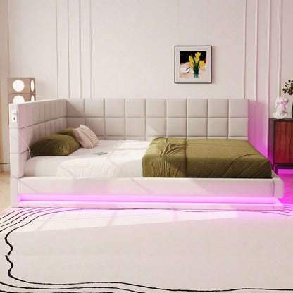 Polster-Schlafsofa 160*200 Multifunktionales Bett mit LED-Lichtleiste, USB-Anschluss und Lattenrost, Leinenstoff, beige