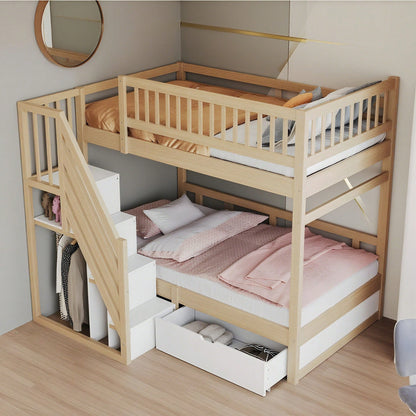 Etagenbett Aus Massivholz 90*200 cm, Mit Hohem Sicherheitsgitter, Mit Lattenrost, Sicherheitsleiter mit Stauraum, Mit Stauschubladen, Kinderbett Jugendbett, Holzfarbe