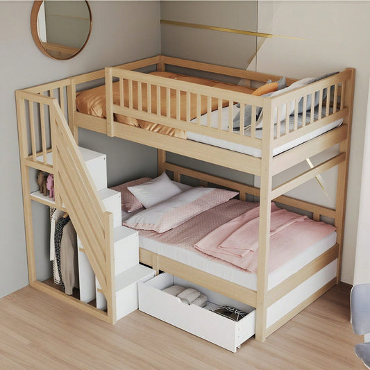 Etagenbett Aus Massivholz 90*200 cm, Mit Hohem Sicherheitsgitter, Mit Lattenrost, Sicherheitsleiter mit Stauraum, Mit Stauschubladen, Kinderbett Jugendbett, Holzfarbe