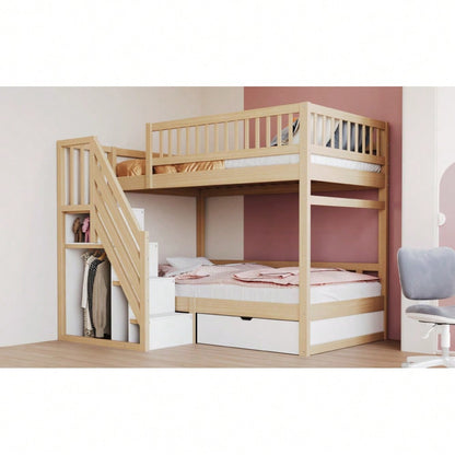 Etagenbett Aus Massivholz 90*200 cm, Mit Hohem Sicherheitsgitter, Mit Lattenrost, Sicherheitsleiter mit Stauraum, Mit Stauschubladen, Kinderbett Jugendbett, Holzfarbe