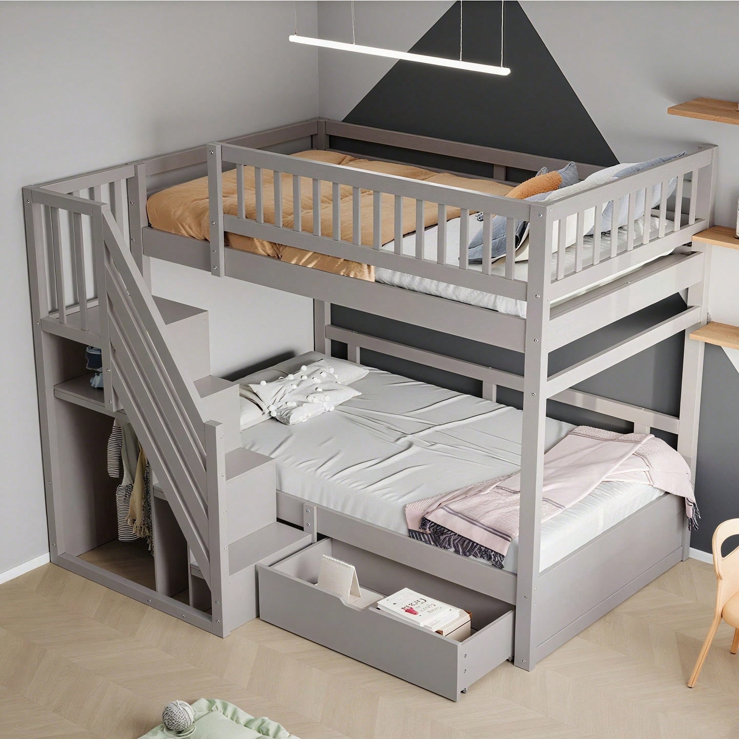 Etagenbett Aus Massivholz 90*200 cm, Mit Hohem Sicherheitsgitter, Mit Lattenrost, Sicherheitsleiter mit Stauraum, Mit Stauschubladen, Kinderbett Jugendbett, Grau