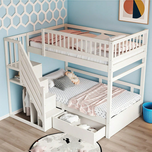 Etagenbett Aus Massivholz 90*200 cm, Mit Hohem Sicherheitsgitter, Mit Lattenrost, Sicherheitsleiter mit Stauraum, Mit Stauschubladen, Kinderbett Jugendbett, Weiß