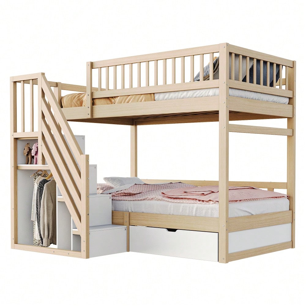 Etagenbett Aus Massivholz 90*200 cm, Mit Hohem Sicherheitsgitter, Mit Lattenrost, Sicherheitsleiter mit Stauraum, Mit Stauschubladen, Kinderbett Jugendbett, Holzfarbe