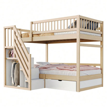 Etagenbett Aus Massivholz 90*200 cm, Mit Hohem Sicherheitsgitter, Mit Lattenrost, Sicherheitsleiter mit Stauraum, Mit Stauschubladen, Kinderbett Jugendbett, Holzfarbe