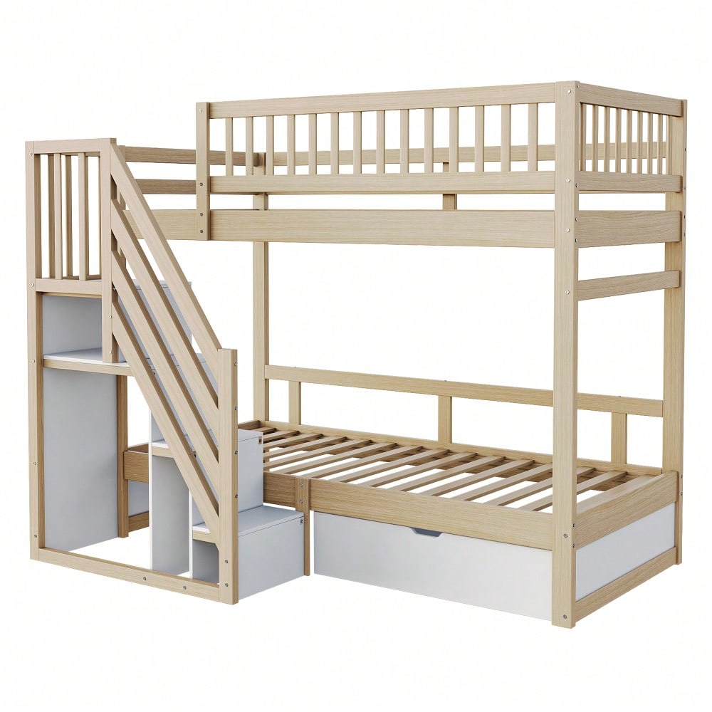 Etagenbett Aus Massivholz 90*200 cm, Mit Hohem Sicherheitsgitter, Mit Lattenrost, Sicherheitsleiter mit Stauraum, Mit Stauschubladen, Kinderbett Jugendbett, Holzfarbe