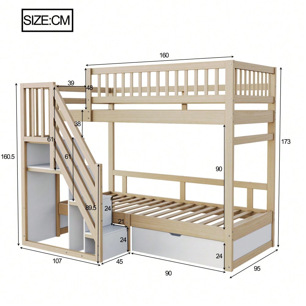 Etagenbett Aus Massivholz 90*200 cm, Mit Hohem Sicherheitsgitter, Mit Lattenrost, Sicherheitsleiter mit Stauraum, Mit Stauschubladen, Kinderbett Jugendbett, Holzfarbe