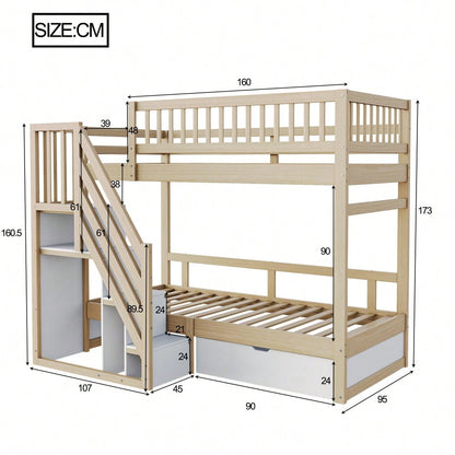 Etagenbett Aus Massivholz 90*200 cm, Mit Hohem Sicherheitsgitter, Mit Lattenrost, Sicherheitsleiter mit Stauraum, Mit Stauschubladen, Kinderbett Jugendbett, Holzfarbe