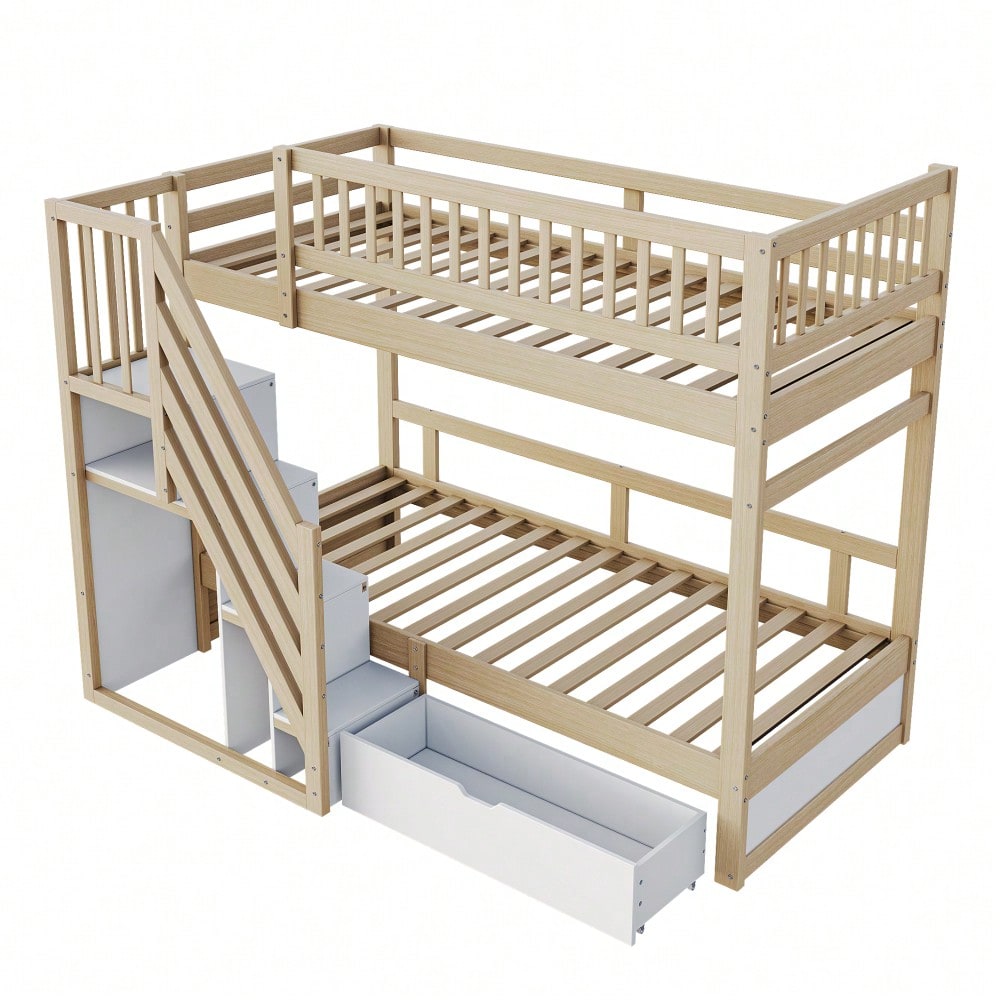 Etagenbett Aus Massivholz 90*200 cm, Mit Hohem Sicherheitsgitter, Mit Lattenrost, Sicherheitsleiter mit Stauraum, Mit Stauschubladen, Kinderbett Jugendbett, Holzfarbe