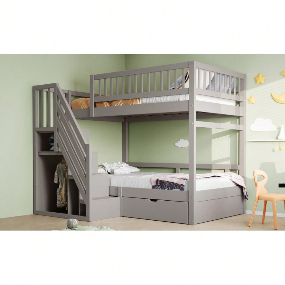 Etagenbett Aus Massivholz 90*200 cm, Mit Hohem Sicherheitsgitter, Mit Lattenrost, Sicherheitsleiter mit Stauraum, Mit Stauschubladen, Kinderbett Jugendbett, Grau