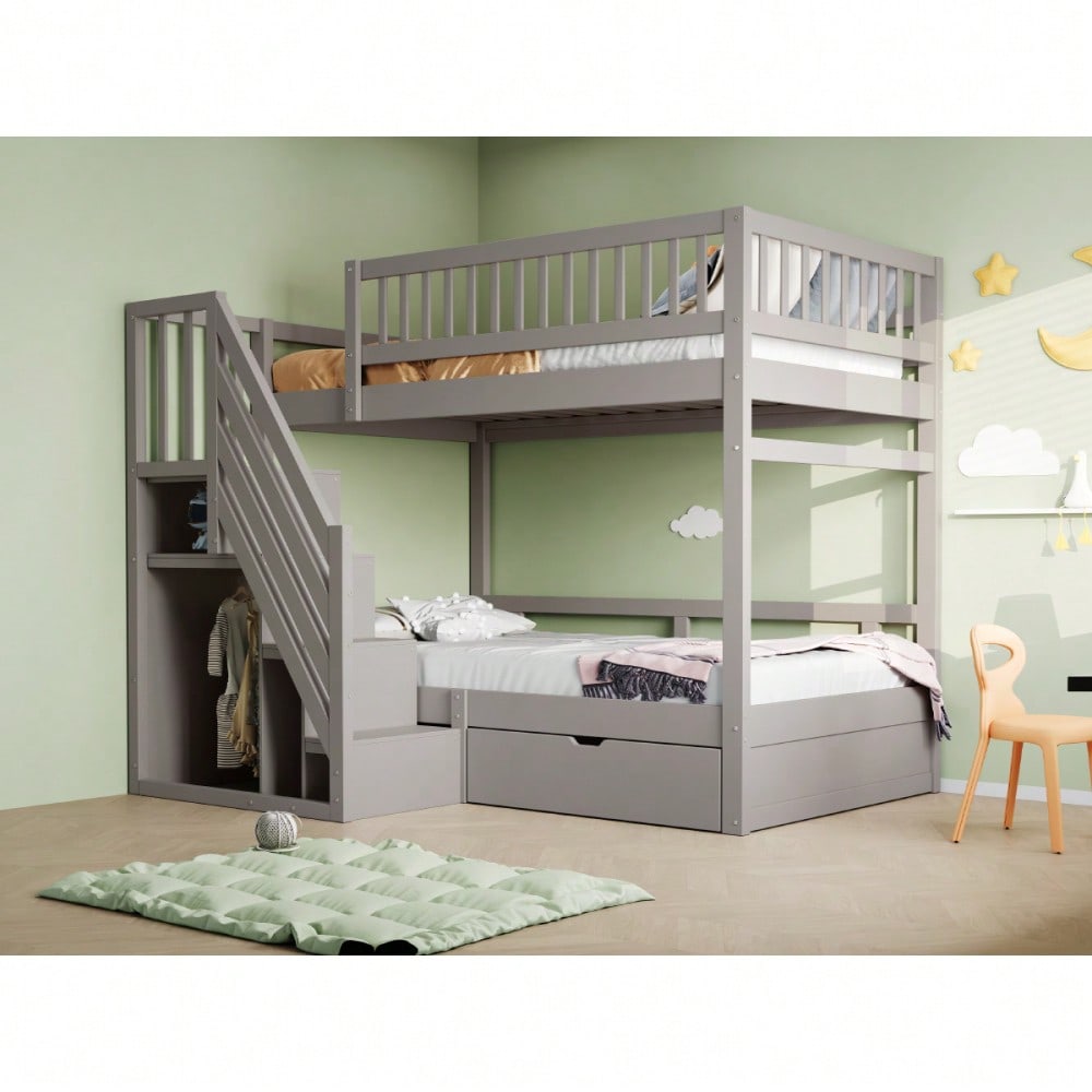 Etagenbett Aus Massivholz 90*200 cm, Mit Hohem Sicherheitsgitter, Mit Lattenrost, Sicherheitsleiter mit Stauraum, Mit Stauschubladen, Kinderbett Jugendbett, Grau