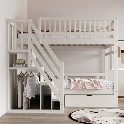Etagenbett Aus Massivholz 90*200 cm, Mit Hohem Sicherheitsgitter, Mit Lattenrost, Sicherheitsleiter mit Stauraum, Mit Stauschubladen, Kinderbett Jugendbett, Weiß