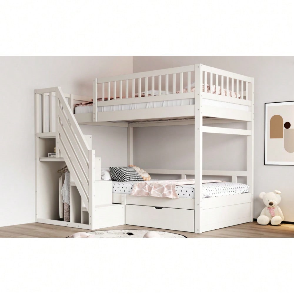 Etagenbett Aus Massivholz 90*200 cm, Mit Hohem Sicherheitsgitter, Mit Lattenrost, Sicherheitsleiter mit Stauraum, Mit Stauschubladen, Kinderbett Jugendbett, Weiß