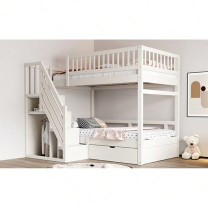 Etagenbett Aus Massivholz 90*200 cm, Mit Hohem Sicherheitsgitter, Mit Lattenrost, Sicherheitsleiter mit Stauraum, Mit Stauschubladen, Kinderbett Jugendbett, Weiß