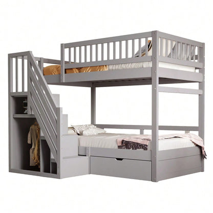 Etagenbett Aus Massivholz 90*200 cm, Mit Hohem Sicherheitsgitter, Mit Lattenrost, Sicherheitsleiter mit Stauraum, Mit Stauschubladen, Kinderbett Jugendbett, Grau