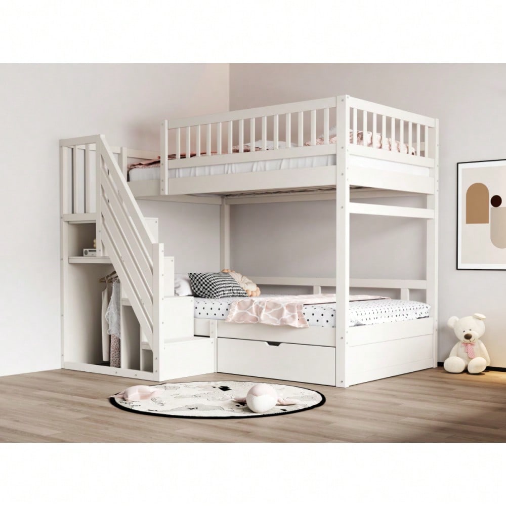 Etagenbett Aus Massivholz 90*200 cm, Mit Hohem Sicherheitsgitter, Mit Lattenrost, Sicherheitsleiter mit Stauraum, Mit Stauschubladen, Kinderbett Jugendbett, Weiß
