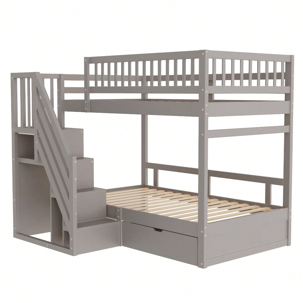 Etagenbett Aus Massivholz 90*200 cm, Mit Hohem Sicherheitsgitter, Mit Lattenrost, Sicherheitsleiter mit Stauraum, Mit Stauschubladen, Kinderbett Jugendbett, Grau