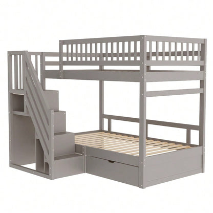 Etagenbett Aus Massivholz 90*200 cm, Mit Hohem Sicherheitsgitter, Mit Lattenrost, Sicherheitsleiter mit Stauraum, Mit Stauschubladen, Kinderbett Jugendbett, Grau