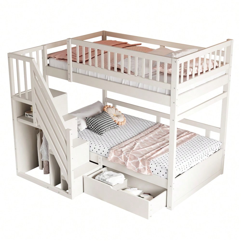 Etagenbett Aus Massivholz 90*200 cm, Mit Hohem Sicherheitsgitter, Mit Lattenrost, Sicherheitsleiter mit Stauraum, Mit Stauschubladen, Kinderbett Jugendbett, Weiß